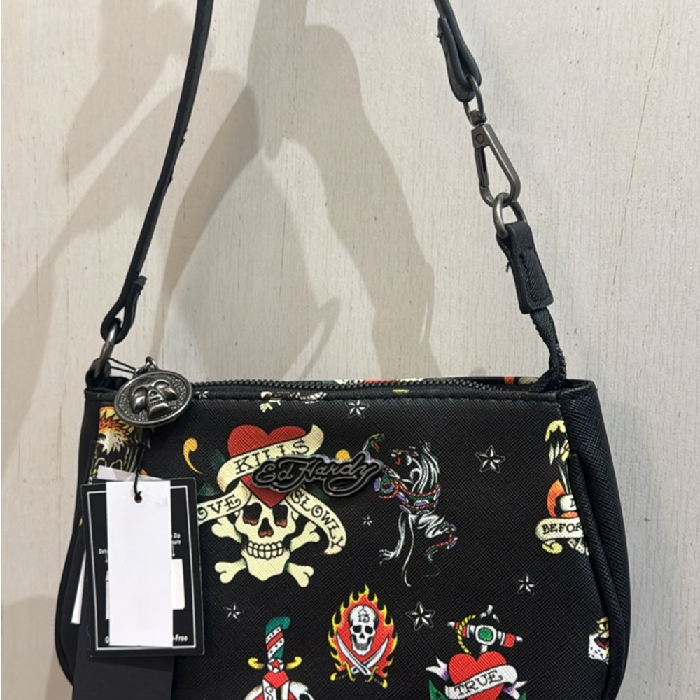 Ed Hardy Black Skull and Heart Print Shoulder Bag